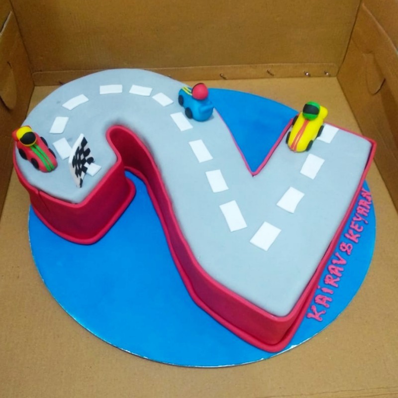 2 Number Car Race Fondant Cake 3 2 Number Car Race Fondant Cake