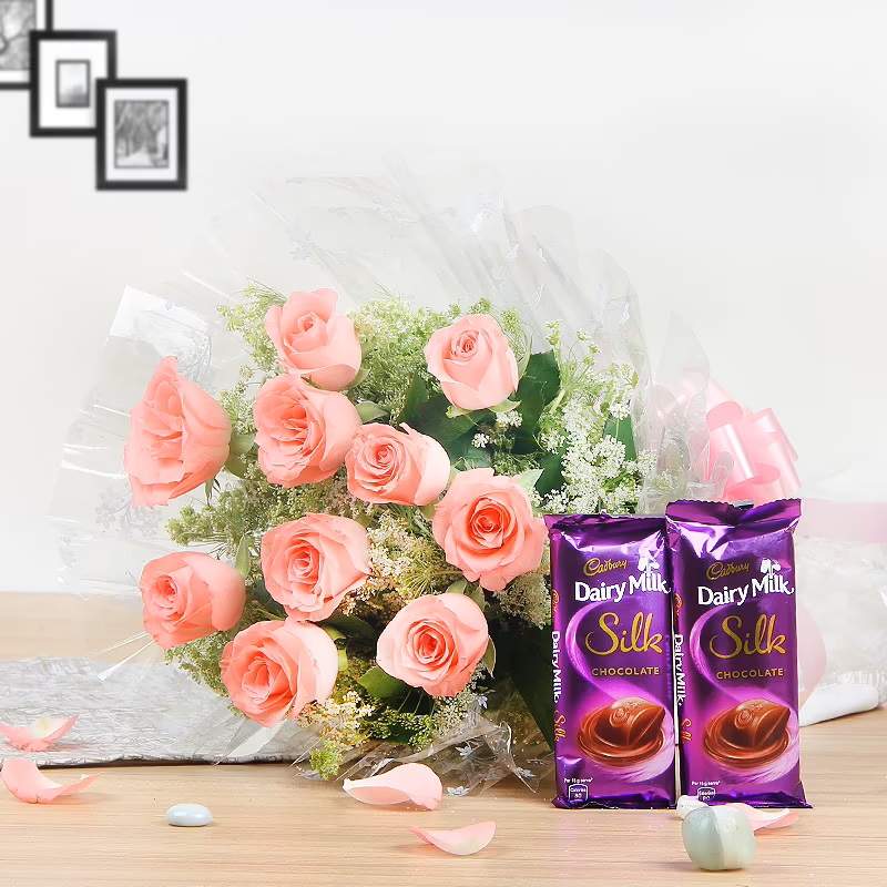 Pink Rose Bouquet With Dairy Milk Silk 3 Pink Rose Bouquet With Dairy Milk Silk