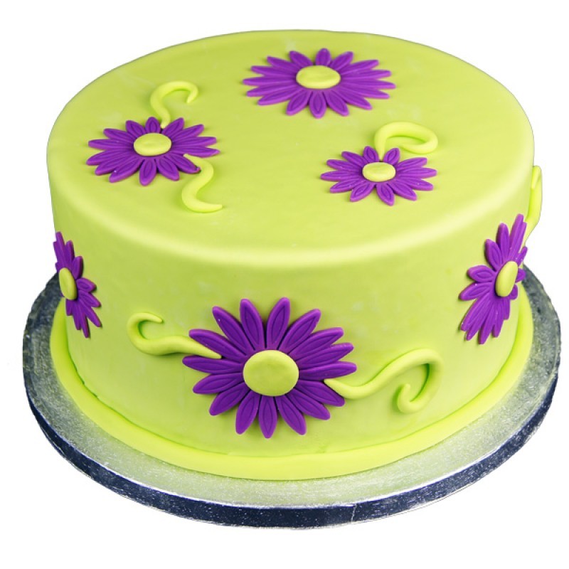 Flowers Green Purple Fondant Cake 3 Flowers Green Purple Fondant Cake