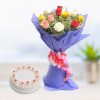 Roses In Blue Paper Wrapping With Cake 2 Roses In Blue Paper Wrapping With Half Kg Cake 1499